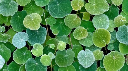 Vibrant Close-Up of Dense Round Green Leaves Creating an Organic Pattern and Beautiful Background