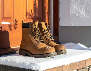 Pair of boots on snowy doorstep with snowflake shadows