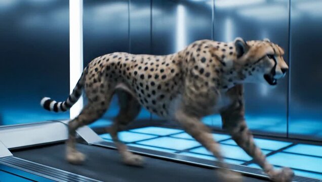 A cheetah runs on a treadmill in a futuristic room with blue lighting and metallic walls.