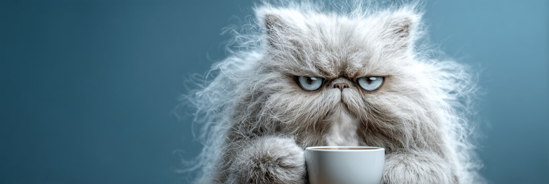 Portrait of a fluffy white Persian cat with very messy fur, with a sleepy and grumpy look holds a steaming coffee cup on blue background with copy space. Caffeine-themed humor. Generative Ai.