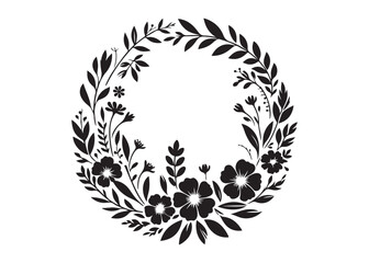 circle wreath flower logo silhouette vector, circle with flower silhouette vector illustration, round frame with flowers vector silhouette logo, flower wreath logo silhouettes vector 