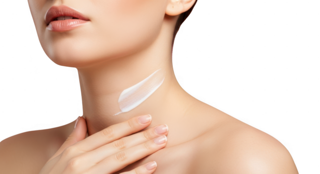 Woman applying skin treatment mask on neck and chin area isolated on transparent background