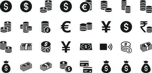 Collection of various currency symbols and money icons including coins bills credit cards and money bags isolated on transparent background