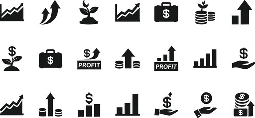 Collection of black finance and growth icons representing profit and investment success isolated on transparent background