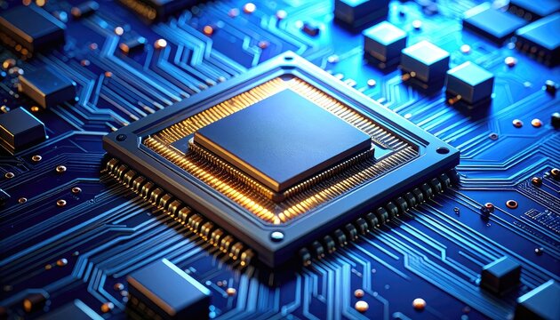 A glowing microchip on a blue printed circuit board with complex pathways