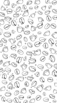 Black and white seamless pattern with coffee cups and beans. Animated graphic sketches of coffee icons. Looped. Vertical video.