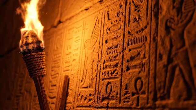 Vertical video of a flaming torch illuminating ancient Egyptian hieroglyphs. Exploring a dark tomb with firelight revealing stone carvings. History and archaeology concept
