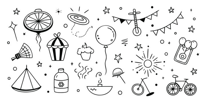 Whimsical doodle collection featuring adventure elements and festive decorations for joyful vibes