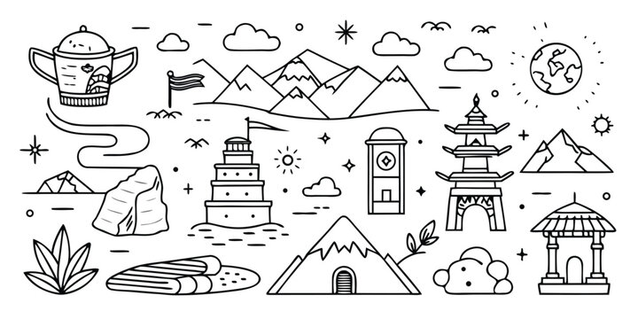 Whimsical travel adventure doodle collection featuring mountains temples nature and moon
