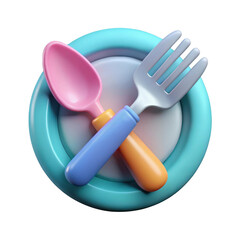 Fototapeta premium 3d render plate with pink spoon and white fork utensils illustration, kitchenware, dining, restaurant, food, isolated on transparent background