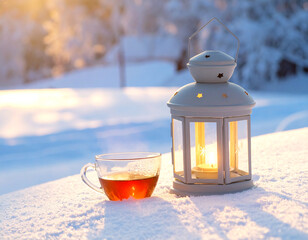 Small lantern glowing beside cup of tea on snow