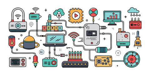 Connected devices and network diagram illustrating internet of things technology and smart systems