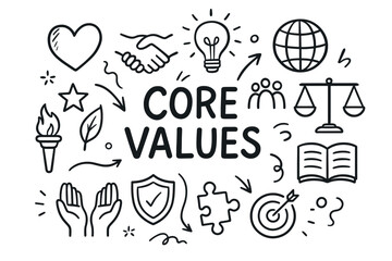 Core values concept with doodle icons: globe, hands, puzzle, light bulb, heart