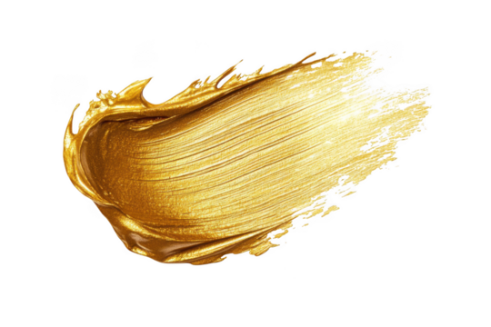 Golden paint stroke texture, metallic gold brush stroke, shiny gold paint smear, artistic element, design resource, isolated on transparent background