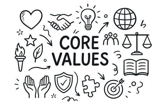 Core values concept with doodle icons: globe, hands, puzzle, light bulb, heart