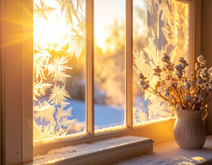 Soft morning sunlight hitting frosty window glass
