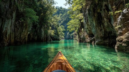 Fototapeta premium Serene Kayaking Adventure Through Lush Green Canyons and Crystal Clear Waters in a Tropical Paradise Landscape with Vibrant Nature Surroundings