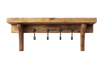 Rustic wooden coat rack with metal hooks, wall mounted entryway organizer, farmhouse style home decor, key holder, isolated on transparent background