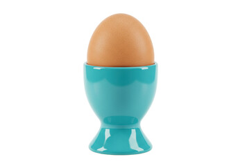 Brown egg in a turquoise egg cup isolated, breakfast food still life on a clean background, healthy eating concept