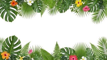 Tropical Greenery and Bright Flowers Border Frame with Monochrome Center for Nature or Summer Design