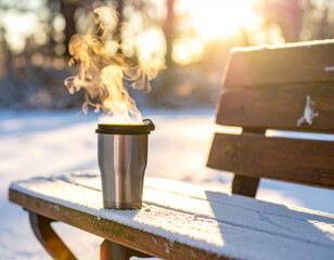 Steam rising from a thermos cup placed on frosty bench