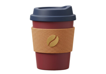 Reusable coffee cup with cork sleeve and navy lid isolated, eco-friendly travel mug for hot drinks on a clean backdrop