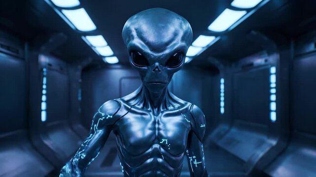 A grey alien waves its hand in a futuristic spaceship corridor. Realistic 3D animation of an extraterrestrial creature making a first contact gesture. Science fiction concept