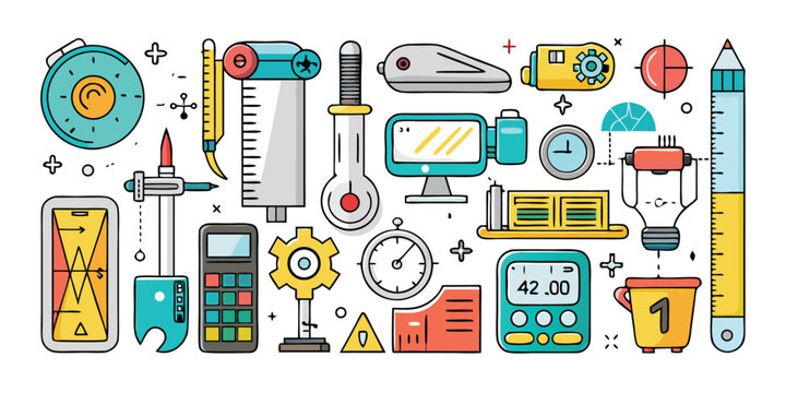 Colorful collection of scientific and measuring tools and instruments for education and science