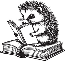 Hand drawn hedgehog sits on top of an open book and reads. Black and white illustration isolated on white. Side view