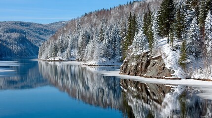 Tranquil Winter Serenity at the Lakeside Reflective Waters and Snowy Forest Views in Nature