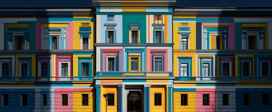 The displays vibrant colorful digital art on a large dynamic building facade.