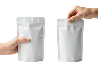 Two white stand up pouch mockup held by hands, packaging mockup, food packaging, product packaging, template, blank, isolated on transparent background