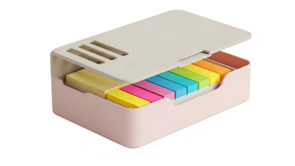 Colorful Sticky Note Set in White Storage Box on Transparent Background