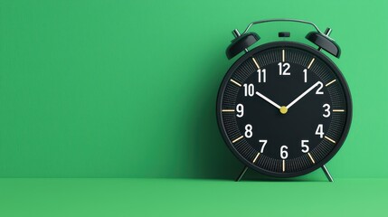 A black alarm clock on a vibrant green background, showcasing a minimalist design with clear hour marks and hands.