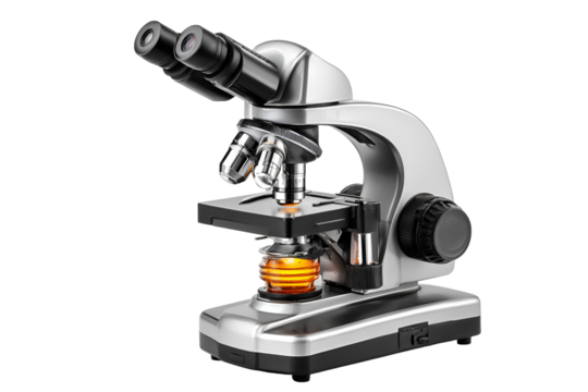 Modern laboratory microscope with illuminated specimen isolated on transparent background