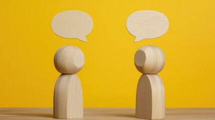 Two wooden figures face each other against a yellow background, each with speech bubbles, symbolizing communication and conversation.