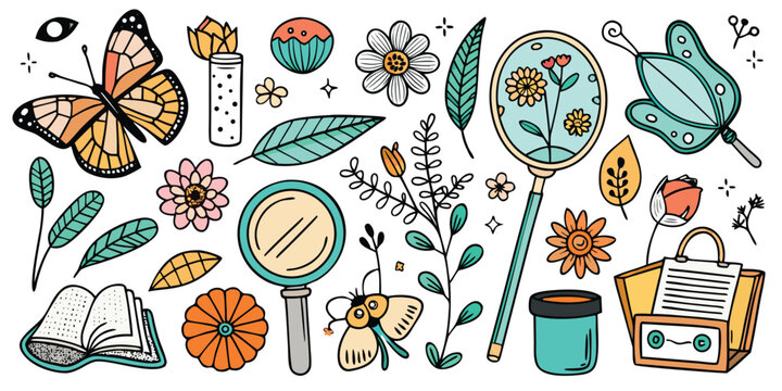 Butterfly botany magnifying glass and nature adventure sketch collection