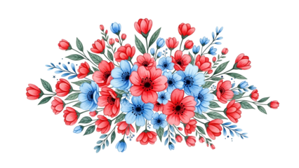 Colorful Floral Arrangement of Red and Blue Flowers on Transparent Background