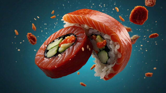 Vibrant sushi rolls, wrapped in salmon and filled with avocado and red ingredients, float against a background with scattered crunchy toppings