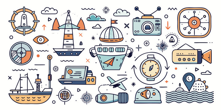 Doodle collection of travel adventure elements nautical maritime exploration and journey symbols - Powered by Adobe