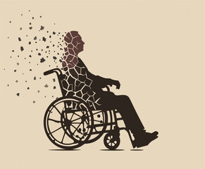 Obraz premium Abstract Illustration of Man in Wheelchair Disintegrating into Particles