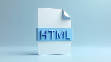 Un icono de archivo blanco y azul con la etiqueta HTML en posición vertical, con un reflejo mínimo y un fondo de diseño web borroso
