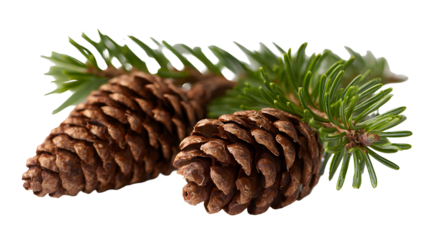 Two detailed brown pine cones with fresh green fir branches for nature decor