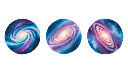 Three Colorful Galaxy Spheres with Swirling Patterns on Transparent Background
