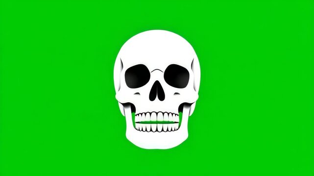 White human skull with black eye sockets and teeth on a vibrant green background with ample copy
