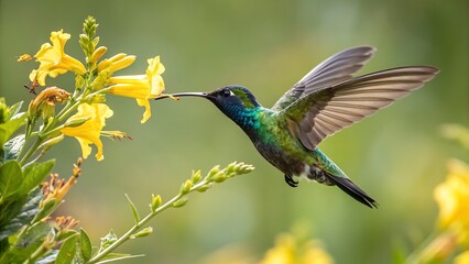 Obraz premium A vibrant green hummingbird sips nectar from bright yellow flowers in a lush garden, its iridescent feathers shimmering in the sunlight, creating a beautiful scene