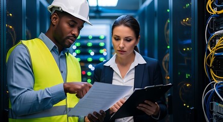 Professionals examining documents in server room data center