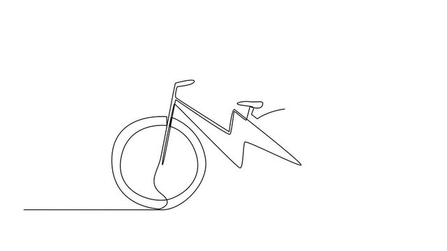 Animation of single one line drawing lightning bolt in the middle of e bike frame. Electric technology to inspire cycling. Convenience for everyone. National E Bike Day. Full length motion