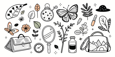 Whimsical travel and adventure elements featuring butterflies plants and bags