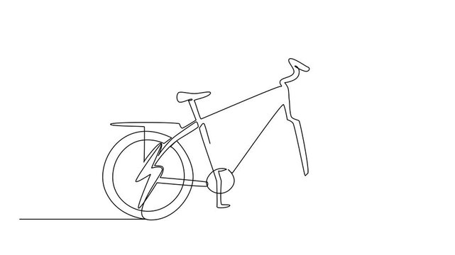 Animated self drawing of single continuous line drawing lightning bolt in the middle of both e bike tires. High technology helps make bikes faster. Charge. National E Bike Day. Full length animation